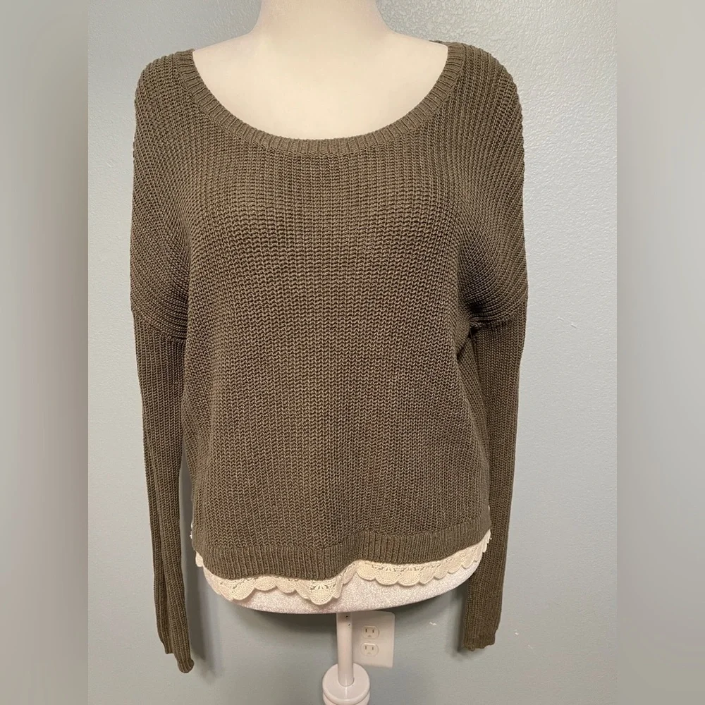 Kimchi Blue Anthropologie Brown Knit Pullover Sweater Boho Preppy Lace Large - Picture 2 of 7